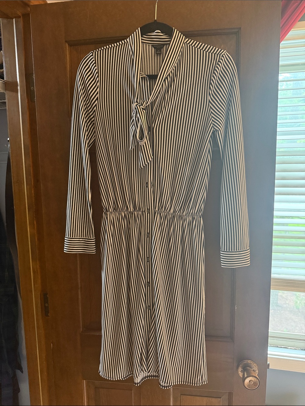Ann Taylor Black and White Vertical Stripe Tie-Neck Long Sleeve Dress
